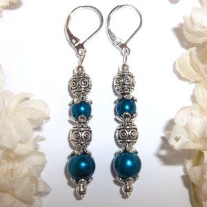 Pearl Earrings Long Blue and Silver Beaded Dangle Drop Fashion Jewelry Set 7345